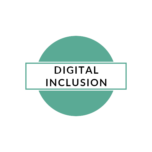 A green circle is overlaid with a white rectangle and the words "Digital Inclusion" in black font.