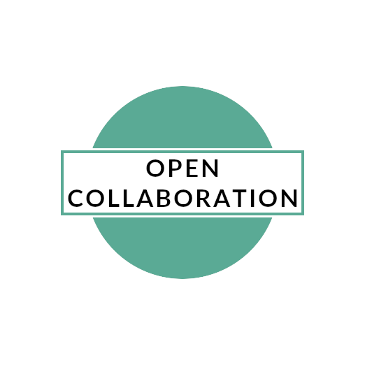 A green circle is overlaid with a white rectangle and the words "Open Collaboration" in black font.